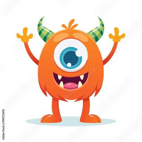 Cartoon monster with one eye and horns raising hands in excitement