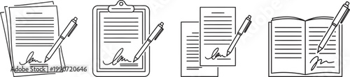 Black and white sketch of multiple clipboards with pens representing documentation and note taking concepts