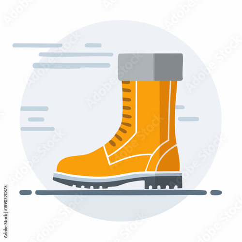 Illustration of a yellow winter boot with a gray cuff and laces against a gray circle background.