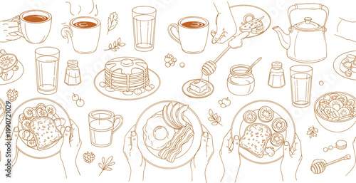 Breakfast and Morning Beverage Icons Collection with Coffee, Pancakes, Toast, and Honey for Food, Recipes, and Digital Media