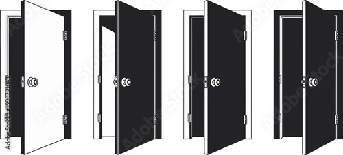 A series of five doors in varying states of openness presented in a minimalist black and white style