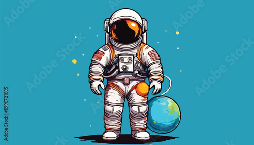 Astronaut in Space with Earth Balloon, Cartoon Style Illustration.