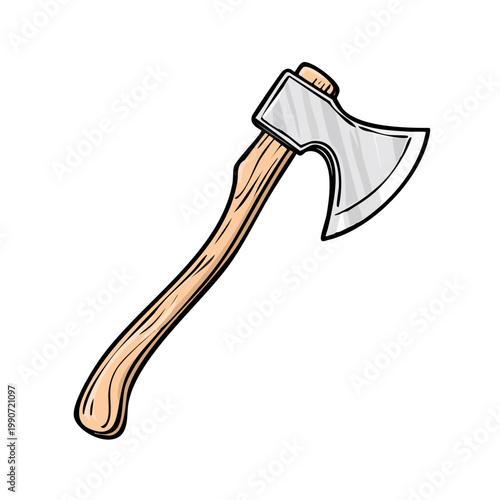 Hand drawn illustration of a single axe with wooden handle and metal head, clean vector graphic