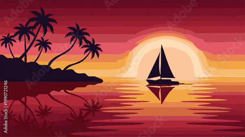 Sailboat at sunset with tropical palm trees and colorful sky reflection