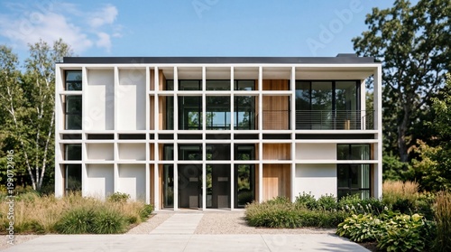 Modern minimalist house with white grid facade and large windows in a lush garden