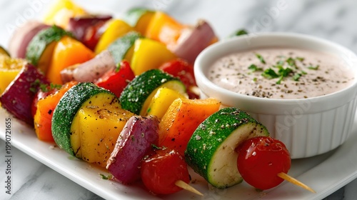 crudite. Colorful vegetable skewers with dip, presented as a healthy appetizer on a marble surface. menu design, packaging mockups, designed for food delivery and cloud-kitchen brand materials.