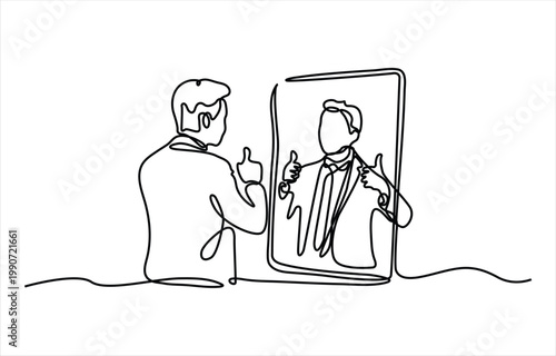 Continuous line art illustration of person in suit standing before mirror giving thumbs up symbolizing self affirmation confidence motivation and positive mindset