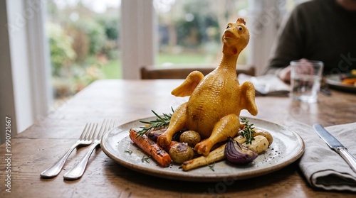 Rubber chicken toy served on a dinner plate with roasted vegetables