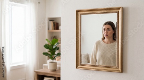 Shocked young woman looking at reflection in mirror with worried expression in bright home interior