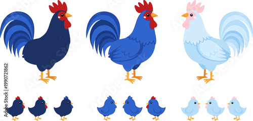 Cartoon Roosters and Chicks in Blue and White for Fun Farmyard Illustrations and Cute Animal Designs