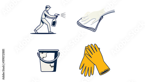 Sanitation Icons: Set of detailed, graphic icons representing different aspects of cleaning and sanitation. Each icon, from a spraying individual to a pair of gloves.