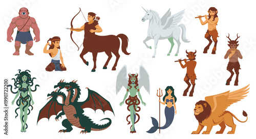 Set of Mythical Creatures and Legendary Monsters Vector Illustration Featuring Cyclops Centaur Pegasus Medusa Mermaid Griffin and Satyr Characters