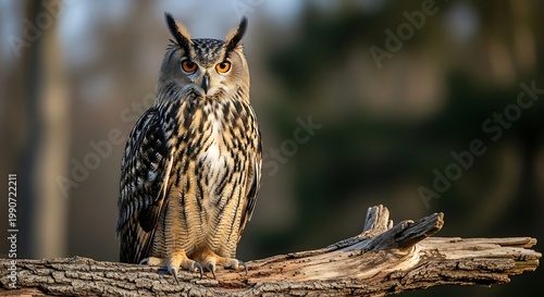 Majestic eagle owl perched on a weathered branch in dim lighting