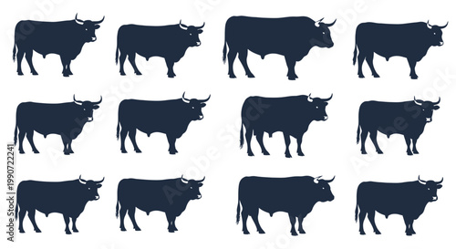 Set of Twelve Bull Silhouettes Vector Illustration Featuring Minimalist Farm Animal Icons for Livestock Branding and Agricultural Design Projects