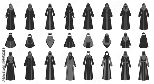 Set of Muslim Women Clothing Vector Illustration, Traditional Abaya and Niqab Styles, Modest Fashion Collection for Islamic Apparel Design and Cultural Garment Icons