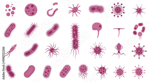 Set of Various Bacteria and Virus Microorganisms Vector Illustration, Flat Style Microbiological Icons for Scientific Research and Medical Education Projects
