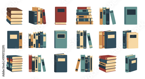 Set of Various Books and Stacks Vector Illustration, Collection of Colorful Library Literature Icons for Education, Reading, and Academic Study Concepts, Flat Graphic Design Elements