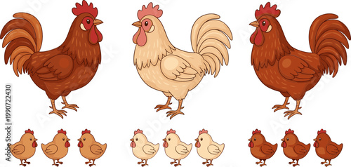 Cartoon Roosters and Chicks in Various Poses for Farmyard Illustrations and Cute Animal Designs