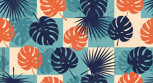A vibrant tropical foliage pattern in shades of coral, navy, and teal