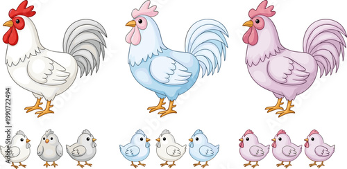 Cartoon Roosters and Chicks in White, Blue, and Pink for Farmyard Illustrations and Cute Animal Designs