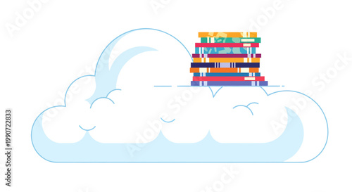 Colorful books stacked on white cloud illustration