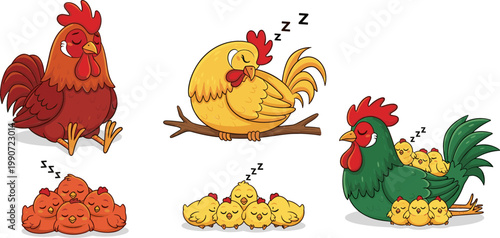 Cartoon Roosters and Sleeping Chicks in Red, Yellow, and Green for Peaceful Farmyard Illustrations and Animal Designs