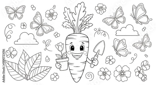 Cute Cartoon Carrot Character with Gardening Tools and Butterflies.