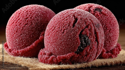 Three scoops of delicious berry ice cream on a rustic surface.