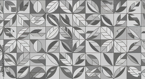 Geometric abstract pattern with leaves and circles in shades of grey