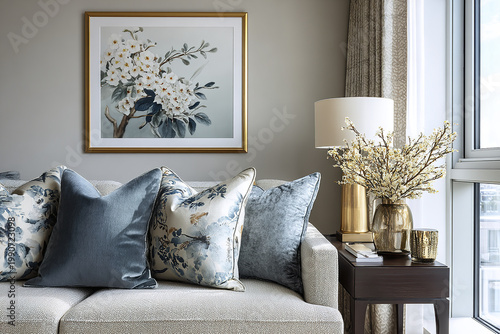Soft blue and floral decorative pillows arranged on light textured sofa with side table holding gold lamp and vase of white flowers by large window in cozy living room