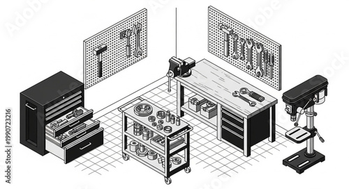 Detailed isometric view of a modern nursery room with crib changing table and storage units.