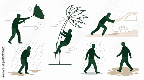 Weather challenges: people dealing with wind, rain, and snow