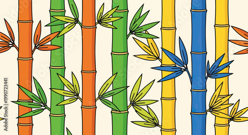Colorful bamboo stalks with green, orange, yellow, and blue hues