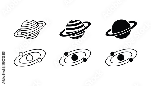Planet icons with orbital rings representing celestial bodies and space exploration science concepts