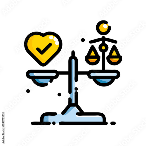 Justice and ethics icon featuring balance scales with heart symbol on transparent background.
