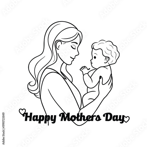 Outline vector illustration of a minimalist continuous line art of mother lifting baby with love and affection. Happy Mothers Day vector illustration. Outline vector illustration of happy mothers day.