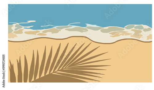 Sparkling sand beach shoreline with palm leaf shadow and gentle sea waves vector background