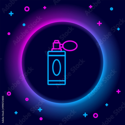 Glowing neon line Aftershave bottle with atomizer icon isolated on black background. Cologne spray icon. Male perfume bottle. Colorful outline concept. Vector