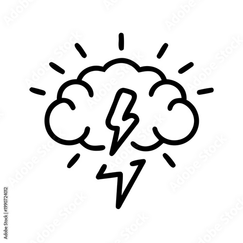 Linear cloud brain outline with lightning strike representing sudden creative brainstorming.