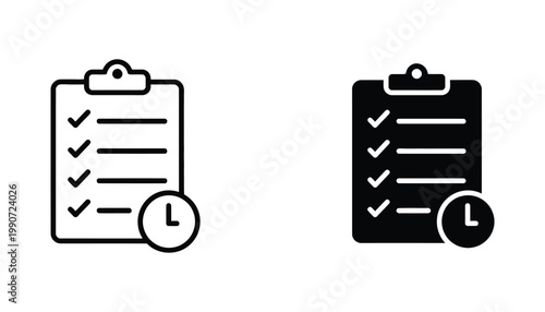 Clipboard with checkmarks and clock icon set representing task management and deadline tracking for productivity software applications