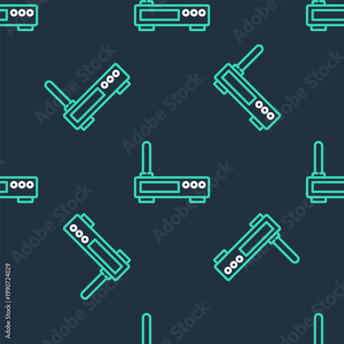 Line Router and wi-fi signal icon isolated seamless pattern on black background. Wireless ethernet modem router. Computer technology internet. Vector