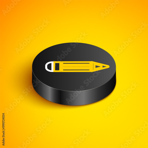 Isometric line Pencil icon isolated on yellow background. Education sign. Drawing and educational tools. School office symbol. Black circle button. Vector