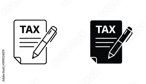 Tax document with pen icon in outline and solid vector style for financial reporting accounting and government tax filing software