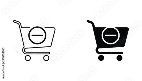 Shopping cart with minus symbol line and solid vector icons