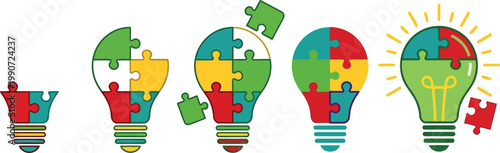 Concept of creative teamwork with light bulb of colored puzzle – stock vector
