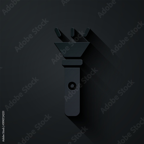 Paper cut Flashlight icon isolated on black background. Paper art style. Vector