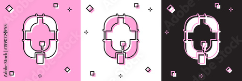 Set Inflatable boat icon isolated on pink and white, black background. Rafting boat. Water sports, extreme sports, holiday, vacation. Vector