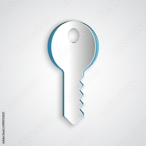 Paper cut House key icon isolated on grey background. Paper art style. Vector