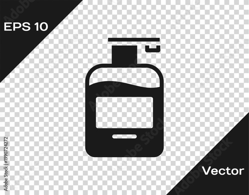 Black Bottle of liquid antibacterial soap with dispenser icon isolated on transparent background. Antiseptic. Disinfection, hygiene, skin care. Vector