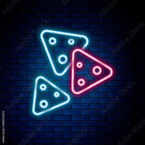 Glowing neon line Nachos icon isolated on brick wall background. Tortilla chips or nachos tortillas. Traditional mexican fast food. Colorful outline concept. Vector